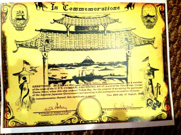 Certificate commemorating the witnessing of the surrender of Japan, issued to Lt. Norman Harris, USNR. Provided by the Estate of Norman C. Harris